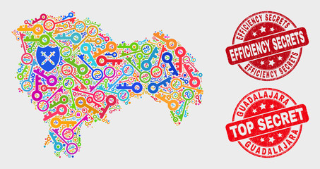 Protection Guadalajara Province map and seal stamps. Red rounded Top Secret and Efficiency Secrets grunge stamps. Colorful Guadalajara Province map mosaic of different security symbols.