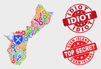 Protection Guam Island map and stamps. Red round Top Secret and Idiot distress seal stamps. Colorful Guam Island map mosaic of different security symbols. Vector composition for security purposes.