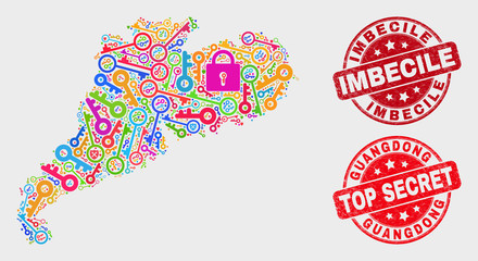 Safety Guangdong Province map and stamps. Red rounded Top Secret and Imbecile scratched seal stamps. Colored Guangdong Province map mosaic of different safety symbols.