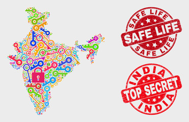 Safeguard India map and seal stamps. Red round Top Secret and Safe Life scratched seal stamps. Colored India map mosaic of different key elements. Vector composition for security purposes.