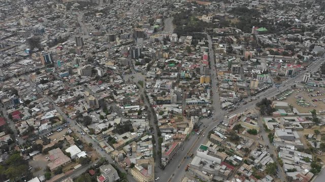 Tilting drone shot of central Mek'ele, the second largest city in Ethiopia