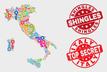 Keep Italy map and seal stamps. Red rounded Top Secret and Shingles grunge watermarks. Bright Italy map mosaic of different safety symbols. Vector composition for safety purposes.