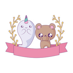 cute narwhal fairytale with bear kawaii style © djvstock