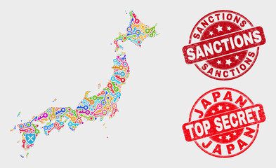 Safeguard Japan map and watermarks. Red round Top Secret and Sanctions textured watermarks. Bright Japan map mosaic of different security symbols. Vector collage for security purposes.