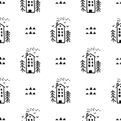 Seamless pattern of children's drawing. House, sun, clouds, trees. Line drawing. Drawn by a child. Suitable for children's room decoration, fabric, decor. Doodle style.