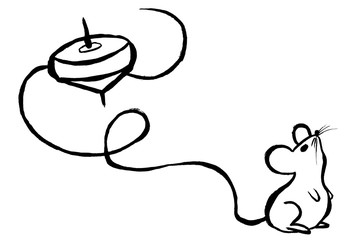 筆絵　ねずみの独楽回し