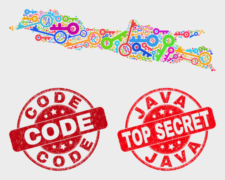 Firewall Java Island map and seals. Red rounded Top Secret and Code distress seals. Colored Java Island map mosaic of different safeguard items. Vector combination for keeping purposes.