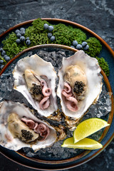 Fresh oysters with black sturgeon caviar and octopuses in a luxurious serving in blue ceramic plates with ice, lime. Michelin restaurant.