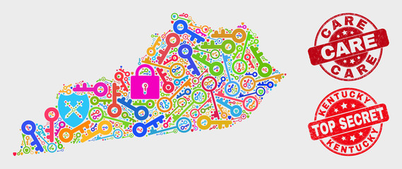 Passkey Kentucky State map and seal stamps. Red round Top Secret and Care textured seal stamps. Colorful Kentucky State map mosaic of different lock symbols. Vector collage for keeping purposes.