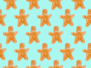 Seamless watercolor pattern with brown christmas gingerbread men. New year festive background. Template for fabric or wrapping paper print. Hand drawn illustration. Christmas food decoration objects.