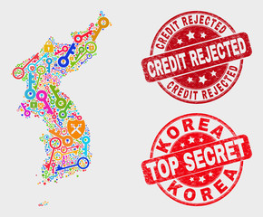 Security Korea map and seal stamps. Red rounded Top Secret and Credit Rejected textured seal stamps. Colored Korea map mosaic of different keeper elements. Vector composition for security purposes.