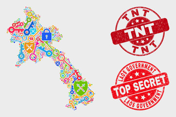 Keep Laos map and stamps. Red rounded Top Secret and TNT grunge stamps. Colored Laos map mosaic of different safety symbols. Vector collage for safety purposes.