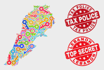 Privacy Lebanon map and stamps. Red rounded Top Secret and Tax Police textured seal stamps. Colorful Lebanon map mosaic of different keeper icons. Vector composition for keeping purposes.