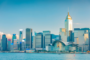 Fototapeta premium Modern city skyline. Victoria Harbour and Hong Kong Central. Taken from Avenue of Stars, Hong Kong.