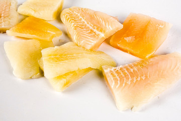 Close up, Fillet of raw fresh fish on white background, selective focus