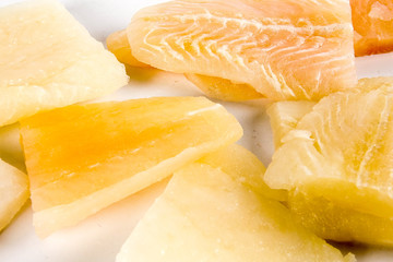 Close up, Fillet of raw fresh fish on white background, selective focus