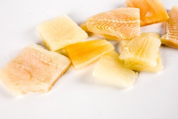 Close up, Fillet of raw fresh fish on white background, selective focus