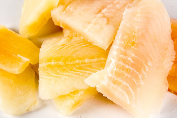 Close up, Fillet of raw fresh fish on white background, selective focus