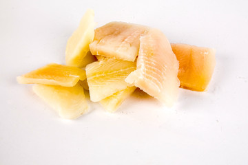 Close up, Fillet of raw fresh fish on white background, selective focus