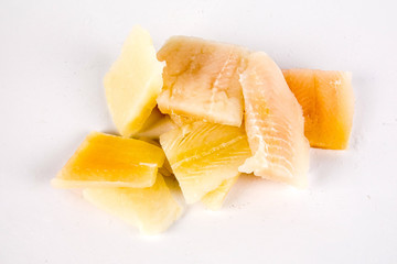 Close up, Fillet of raw fresh fish on white background, selective focus