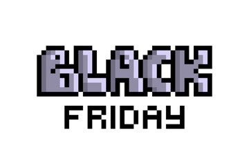 Glossy black friday sale pixel art font typography print isolated on white. 8 bit shopping discount promo lettering. Decorative text design element for marketing. Trendy 90s style online store banner.