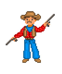 Cowboy with two guns, pixel art character isolated on white background. 8 bit wrangler icon. Old school vintage retro slot machine/video game graphics.