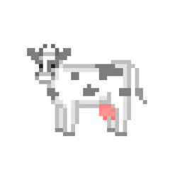 Fototapeta premium White spotted milk cow, pixel art character isolated on white background. 8 bit farm animal logotype. Old school vintage retro slot machine/video game graphics. Dairy cattle icon.