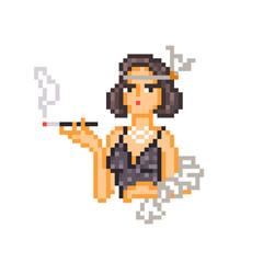 Fototapeta premium Roaring 20s silent cinema diva,8 bit pixel art character isolated on white.Flapper woman in a black vintage sparkling dress, boa, feather headband smoking cigarette in a mouthpiece.Retro film actress.