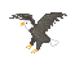 Flying eagle with spread wings, pixel art character isolated on white background. 8 bit wildlife bird logotype. Old school vintage retro slot machine/video game graphics.