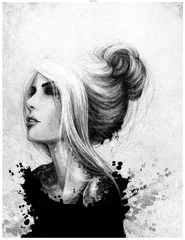 Fotobehang Czarno biały rysunkowy portret kobiety patrzącej przed siebie. Włosy upięte w kok, tatuaż na szyji. Rozpryski farby, malarstwo. © Loony Rabbit