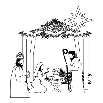 merry christmas nativity christian cartoon in black and white