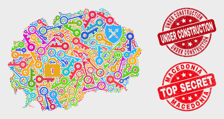 Secure Macedonia map and stamps. Red rounded Top Secret and Under Construction scratched stamps. Colored Macedonia map mosaic of different secure icons. Vector collage for safety purposes.