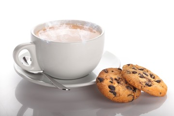 Cup of tea with cookies over  background