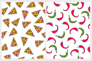 Piece of Pizza Vector Pattern. Pizza Slice with Tomatos and Salami. Hand Drawn Fast Food. Red and Green Chilli Pepper on a White Background. Cute Irregular Repeatable Pattern.