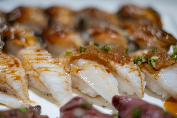 Engawa sushi, flatfish fin with rice, Japanese tradition food.