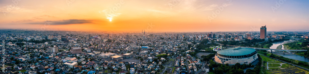 Canvas Prints Aerial drone photo - Sunrise over the city of Maebashi, Gunma Prefecture.  Japan, Asia