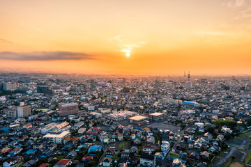 Aerial drone photo - Sunrise over the city of Maebashi, Gunma Prefecture.  Japan, Asia