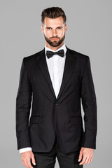elegant man in black suit and bow tie isolated on grey