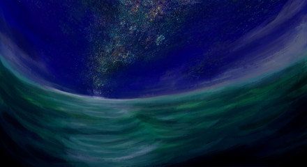 starry night sky above clouds, waves of sea fantastic landscape original digital painting illustration 