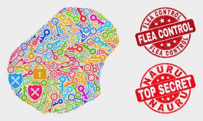 Firewall Nauru map and seal stamps. Red rounded Top Secret and Flea Control scratched seal stamps. Bright Nauru map mosaic of different administration icons. Vector combination for keeping purposes.