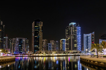 View of Dubai Marina by night, UAE. May 2019