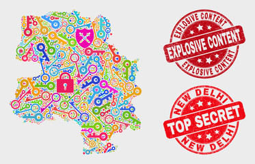 Security New Delhi City map and stamps. Red rounded Top Secret and Explosive Content scratched stamps. Colorful New Delhi City map mosaic of different key icons.