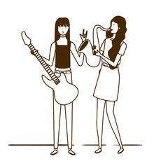 silhouette of women with musicals instruments on white background