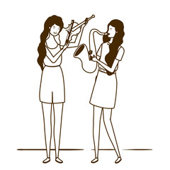 silhouette of women with musicals instruments on white background