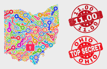 Key Ohio State map and seal stamps. Red rounded Top Secret and 11.00 grunge seal stamps. Colored Ohio State map mosaic of different secure icons. Vector collage for keeping purposes.
