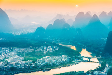 Landscape of Guilin. Li River and Karst mountains. Located in Yangshuo, Guilin, Guangxi, China.