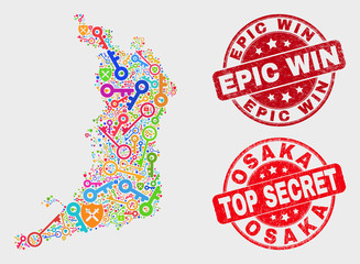 Secure Osaka Prefecture map and stamps. Red round Top Secret and Epic Win textured seal stamps. Bright Osaka Prefecture map mosaic of different secure elements. Vector collage for safety purposes.