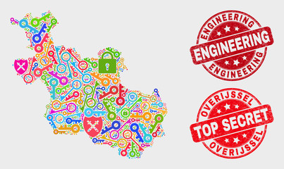 Security Overijssel Province map and seal stamps. Red rounded Top Secret and Engineering grunge stamps. Bright Overijssel Province map mosaic of different security symbols.
