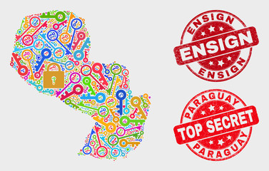 Firewall Paraguay map and seal stamps. Red rounded Top Secret and Ensign distress seal stamps. Colorful Paraguay map mosaic of different passkey icons. Vector composition for keeping purposes.