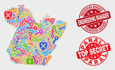 Safety Paral State map and stamps. Red round Top Secret and Engineering Manager textured stamps. Bright Paral State map mosaic of different lock symbols. Vector composition for safety purposes.